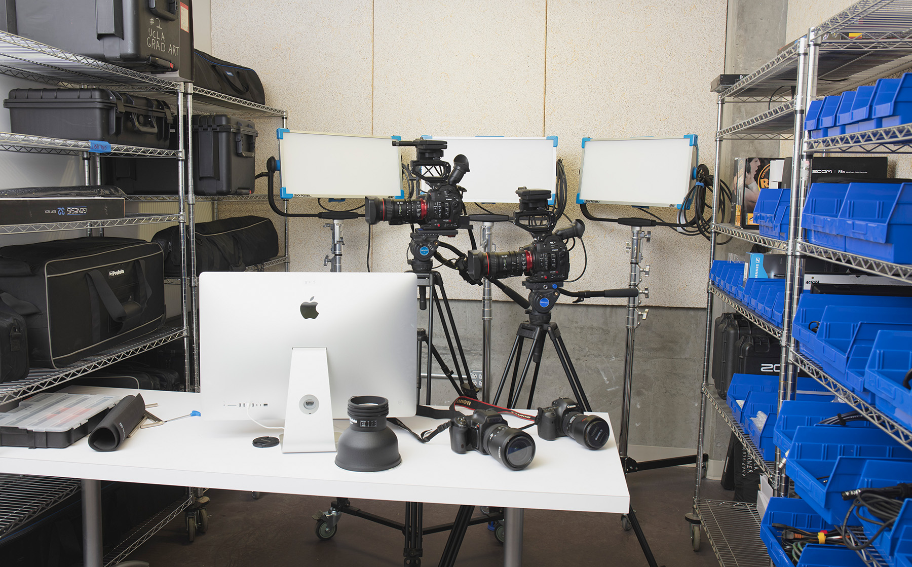 Cameras and shelves in the equipment room