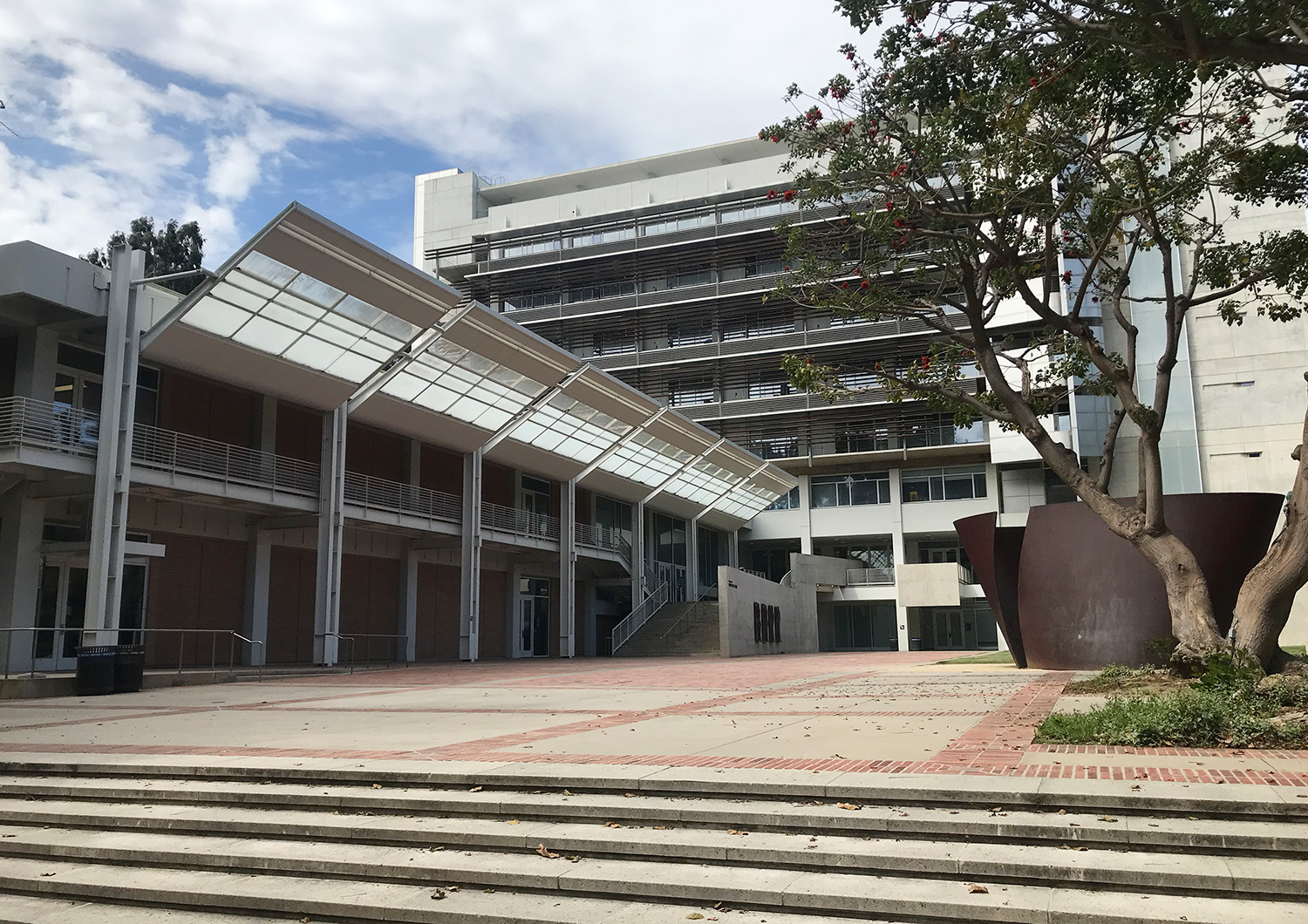 The Broad Art Center, courtyard, and TEUCLA as seen from the south